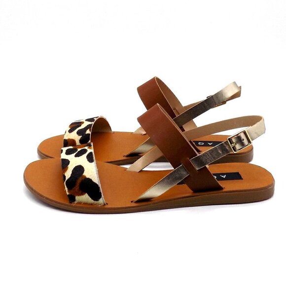 Bloomingdale's Aqua Flat Strappy Sandals Gold Brown Leopard Animal Print - Picture 3 of 7